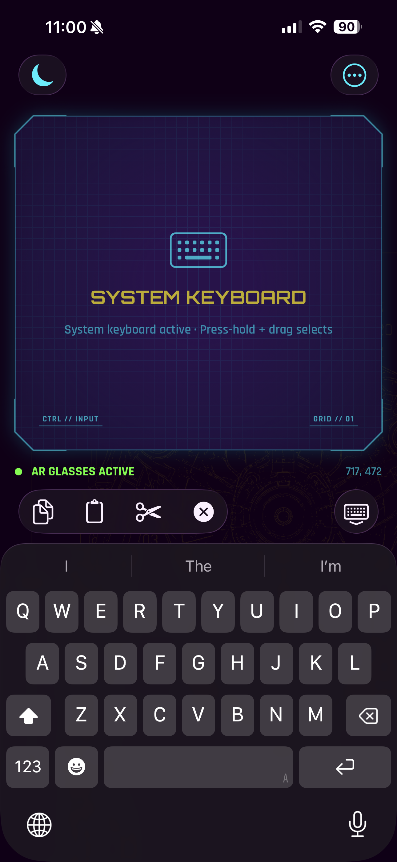 CyberHUD Desktop Text Input Mode on iPhone with the system keyboard open.