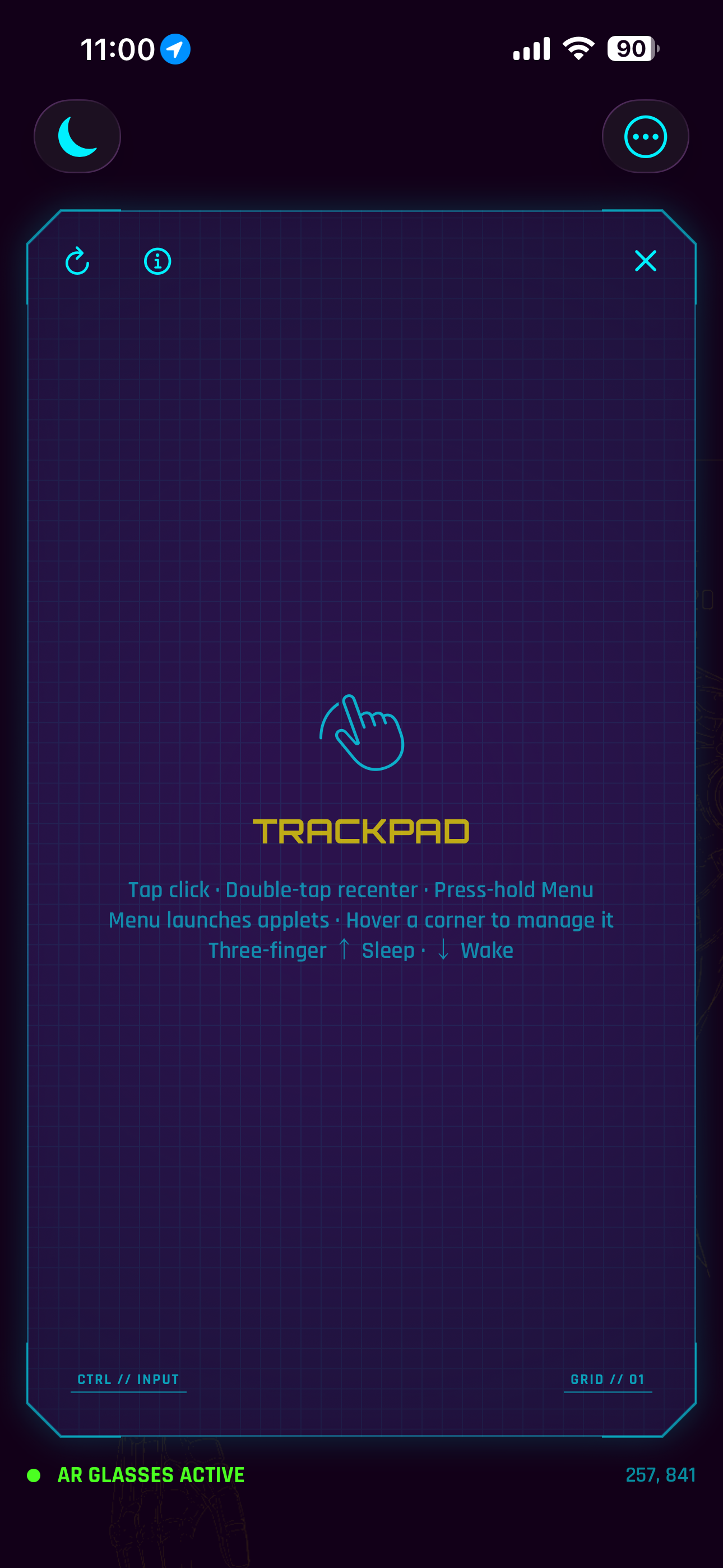 CyberHUD Trackpad on iPhone, with gesture guidance and an active AR Glasses connection.