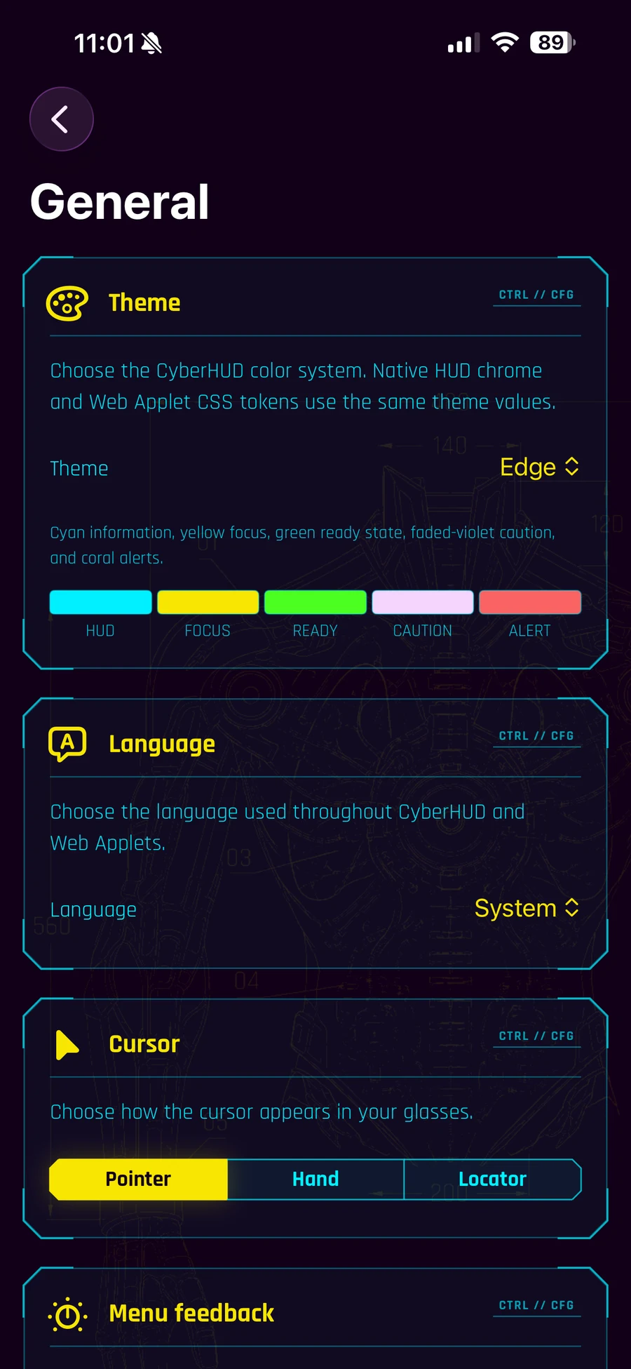 CyberHUD General settings showing the Edge theme, its semantic colour palette, language, and cursor settings.