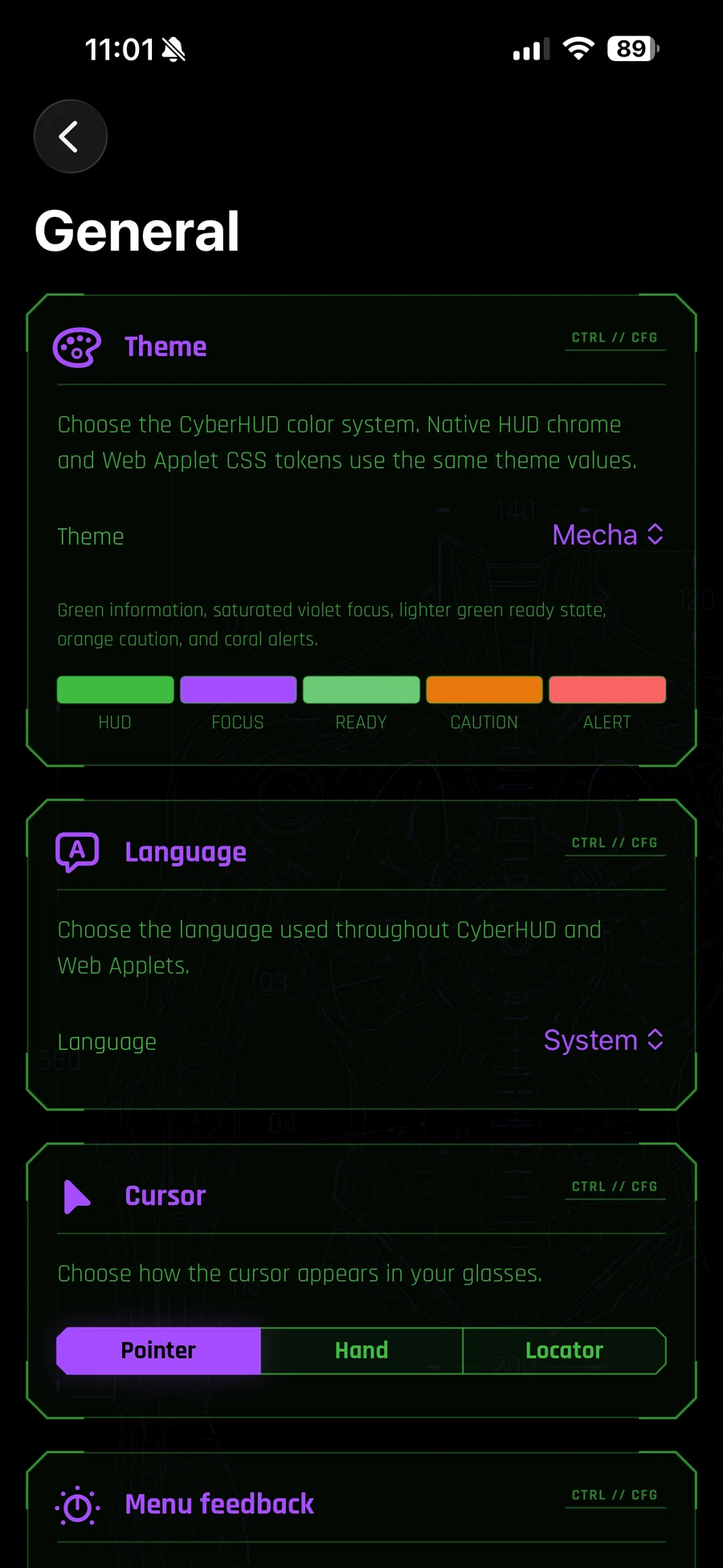 CyberHUD General settings showing the Mecha theme, its semantic colour palette, language, and cursor settings.