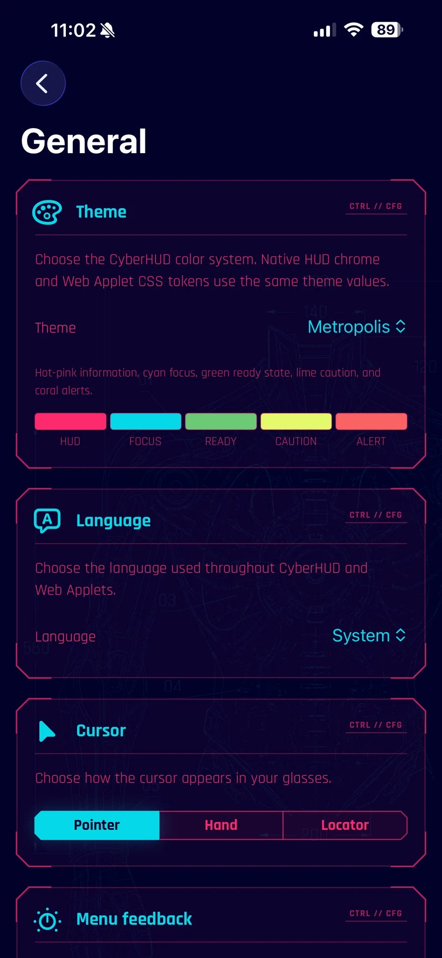 CyberHUD General settings showing the Metropolis theme, its semantic colour palette, language, and cursor settings.