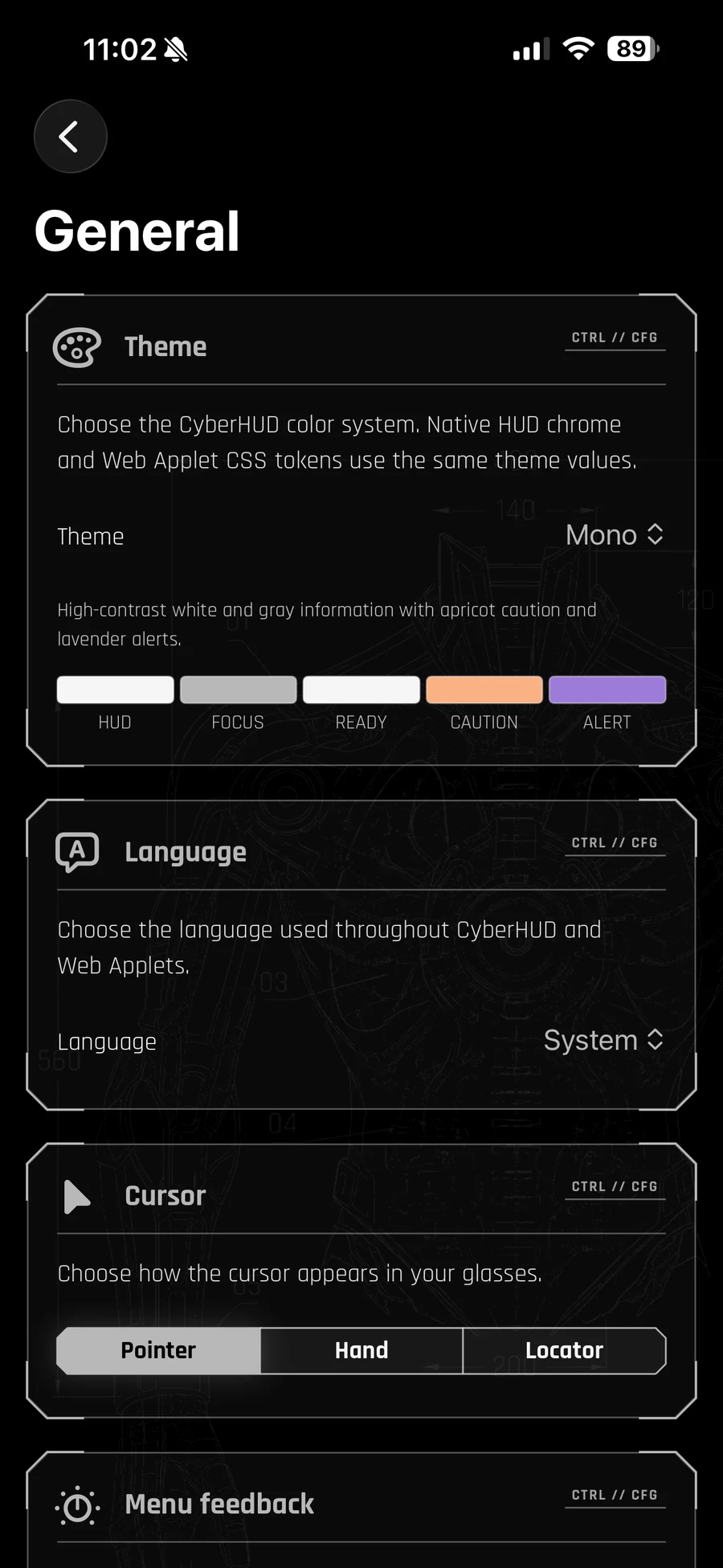 CyberHUD General settings showing the Mono theme, its semantic colour palette, language, and cursor settings.
