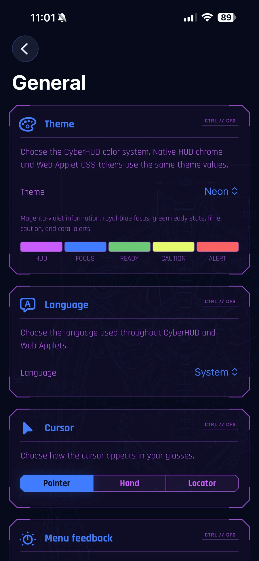 CyberHUD General settings showing the Neon theme, its semantic colour palette, language, and cursor settings.