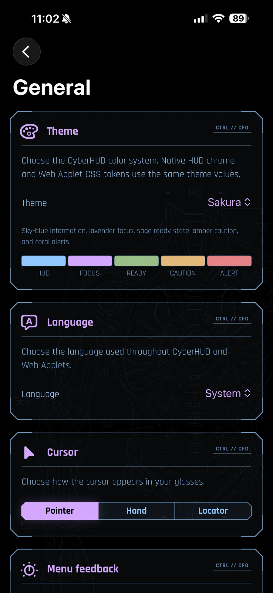 CyberHUD General settings showing the Sakura theme, its semantic colour palette, language, and cursor settings.